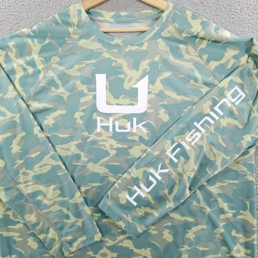 Huk Shirt Mens XXL Green Icon Seagrass Camo Performance Crew Fishing Boating